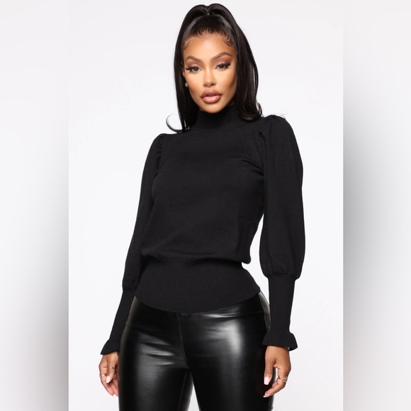 Fashion Nova Double The Trouble Sweater - Black Puff Sleeve Sweater - Picture 1 of 6